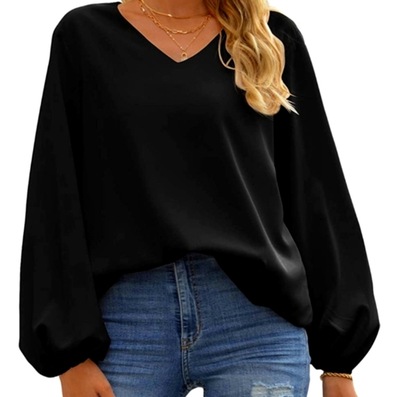 Wangzhi Tops - Black V neck long sleeve blouse 2XL